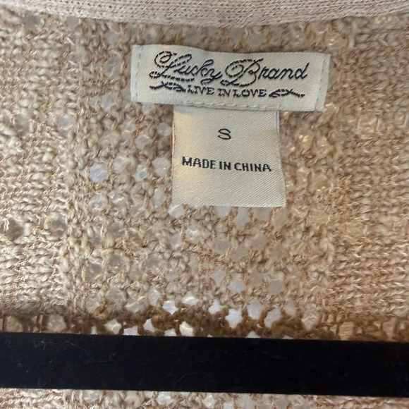 Lucky Brand Boho‎ Open Knit Cardigan Neutral Tan Crochet Cozy Casual - Picture 2 of 4